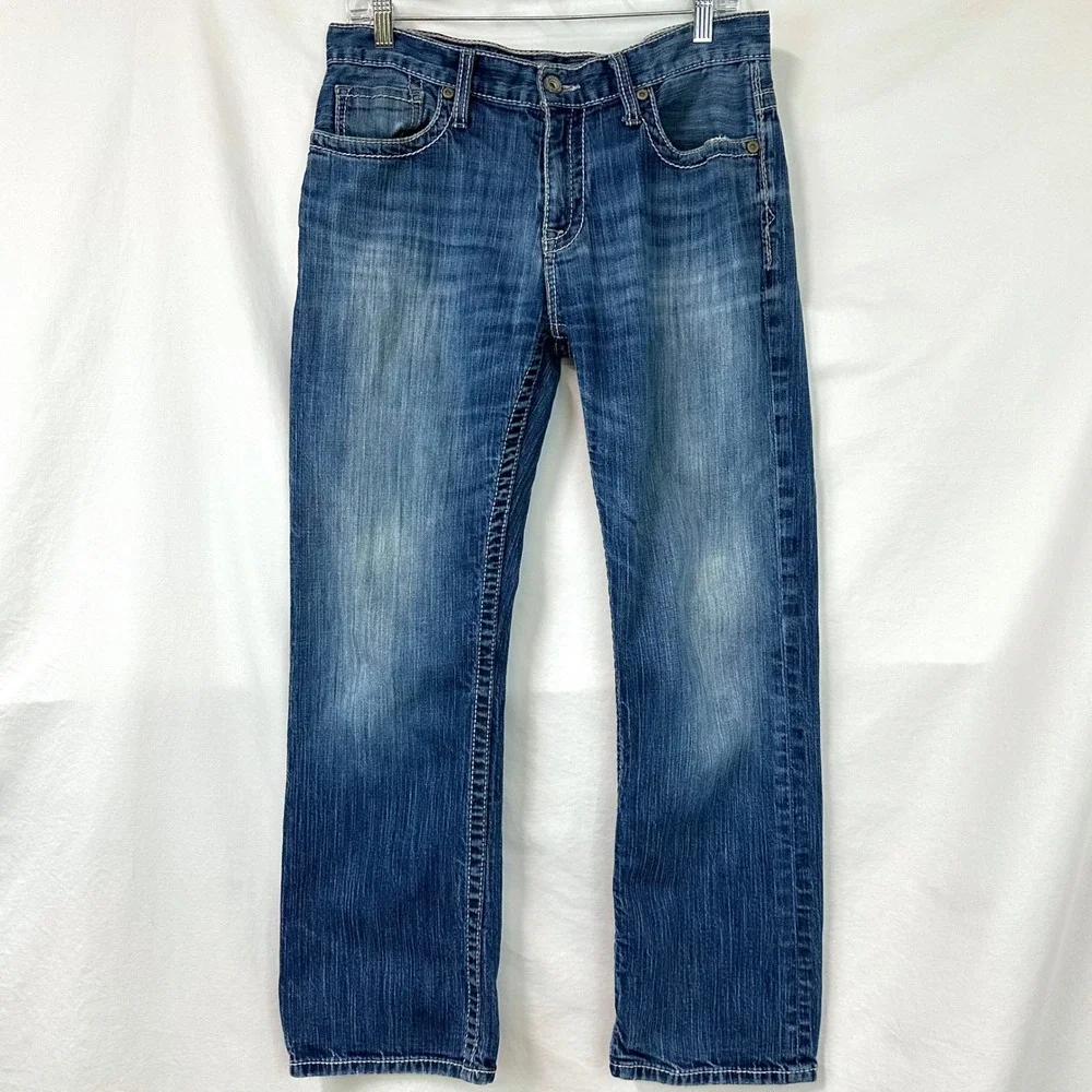 BKE Carter Men's 33x29 Straight Leg Thick Stitch Denim Jeans Whiskered Faded Y2K